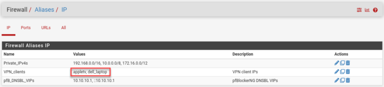 VPN clients in the Firewall > Aliases > IP page
